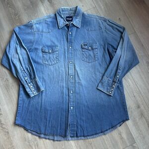 Wrangler Men 3XLT Blue Denim Workwear Pearl Snap‎ Work Western Distressed Grunge